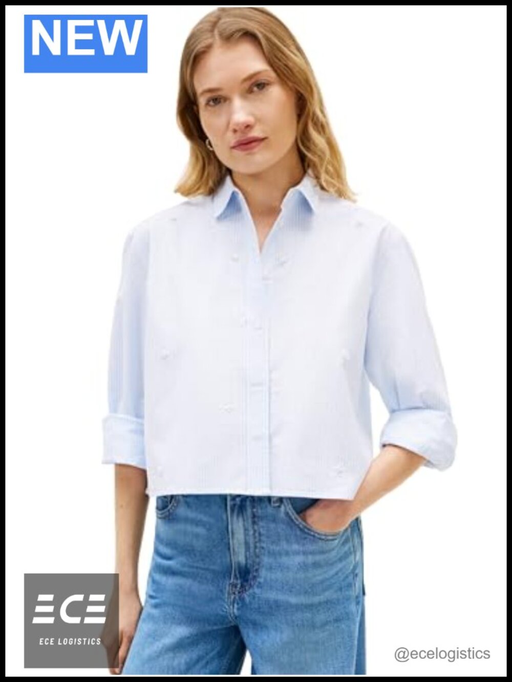 Cropped Button Down Shirt Pearl Embellishment 100% Cotton